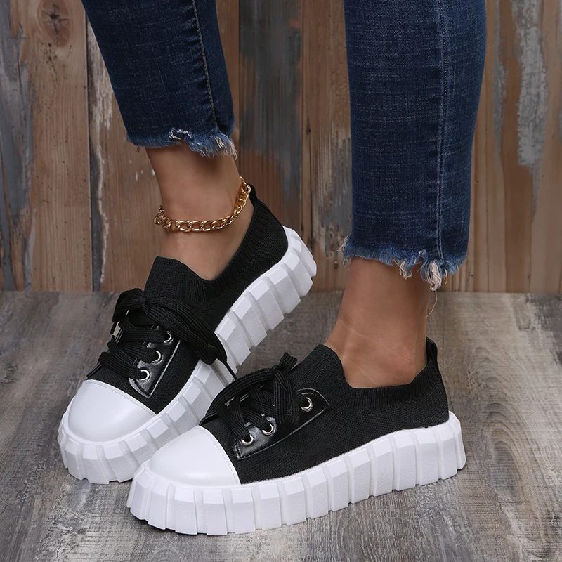 

2022 Spring New Stretch Fabric Lace Up Casual Shoes for Women 36-43 Plus Size Women Comfort Flat Shoes Women Fashion Sneakers