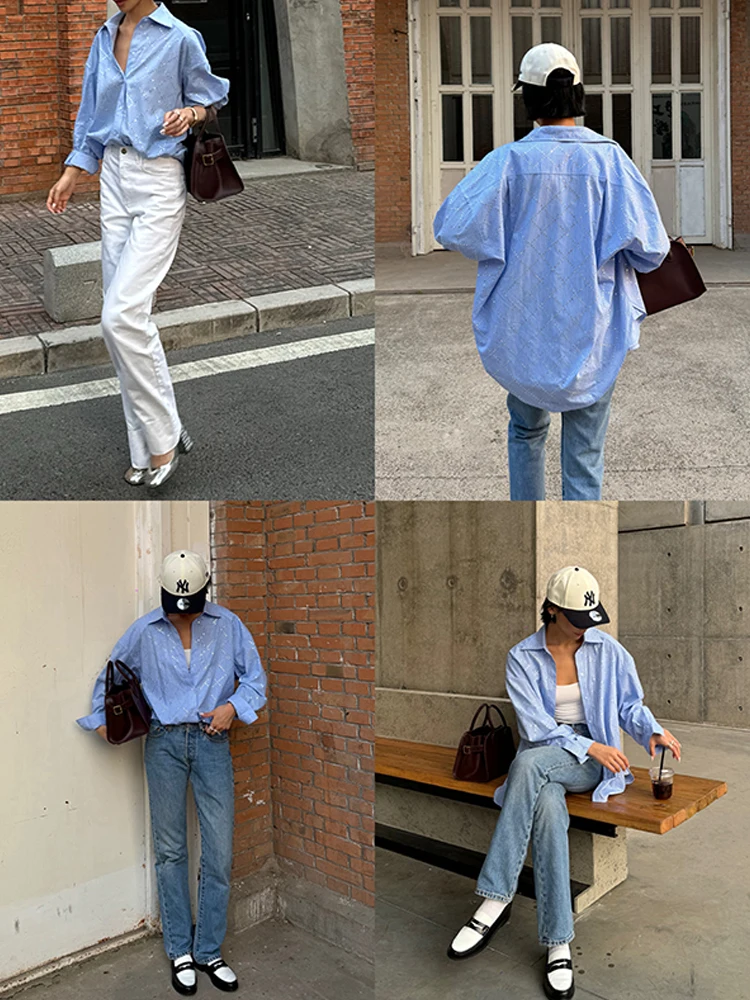 VanessaLab осень/зима свободная повседневная рубашка в синюю полоску с ромбовидным