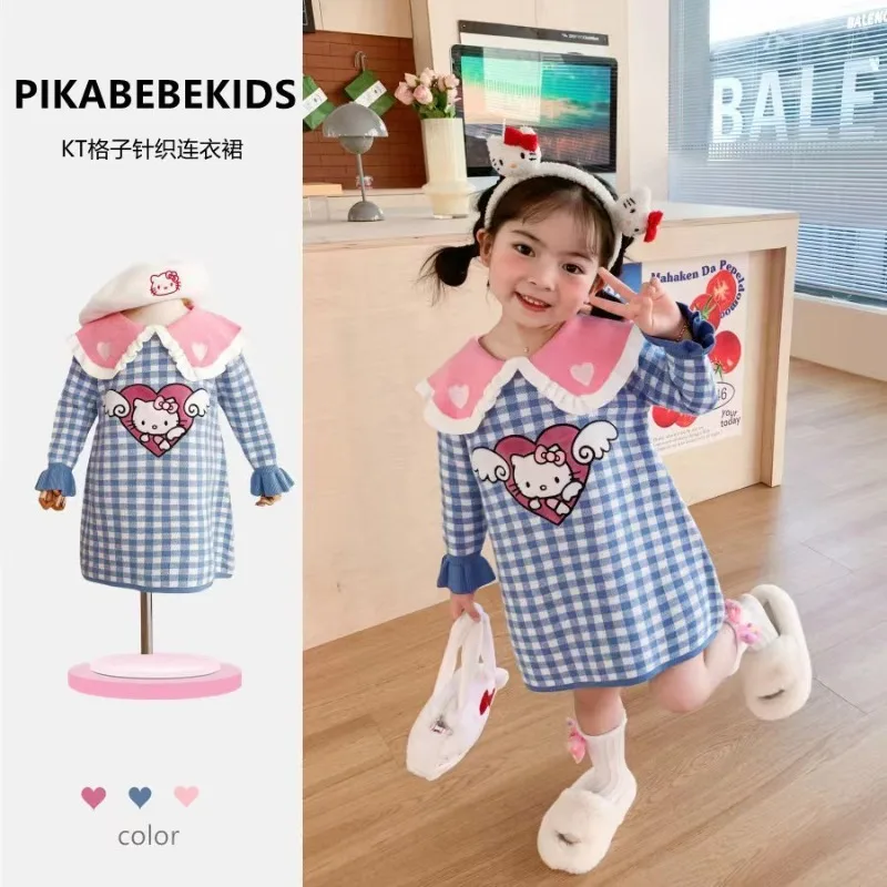 

Sanrios Anime Girls Autumn Winter Dress Love Embroidered Polo Collar Woolen Dress Plaid Hellokittys Knitted Dress Birthday Gift