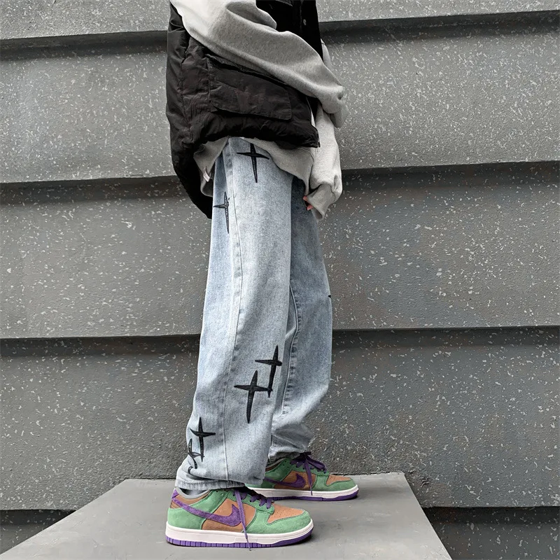 Embroidered Jeans Men's Y2k Straight Trousers Autumn New Korean Fashion High Street Hip-hop Style Loose Wide-leg Trousers Trend