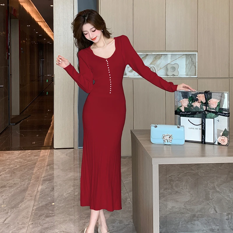 

Осенне-зимнее вязаное платье на пуговицах с квадратным вырезом и длинным рукавом, женские облегающие платья-свитеры с высокой талией