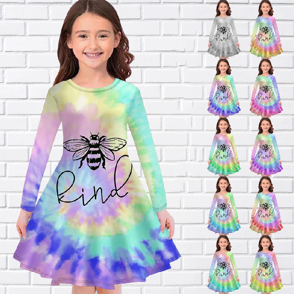 

Honeybee Pattern 3D Printed Summer Children's O-Neck Dress Girls Long Sleeve Dress Loose Knee-length Casual Trend Girls Clothing