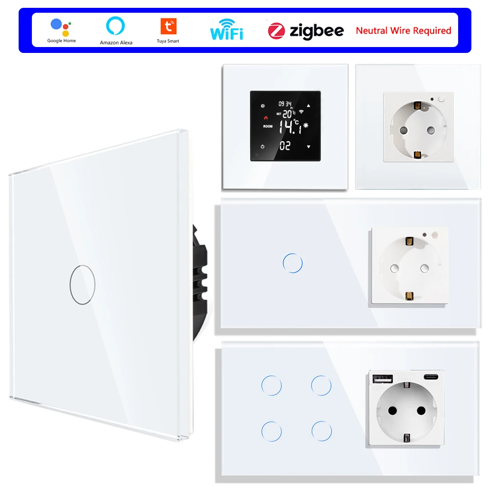 Фото Bingoelec TUYA ZigBee умные сенсорные выключатели света настенная розетка ЕС термостат ZigBee Multi-Control Association Alexa Smart Life №1