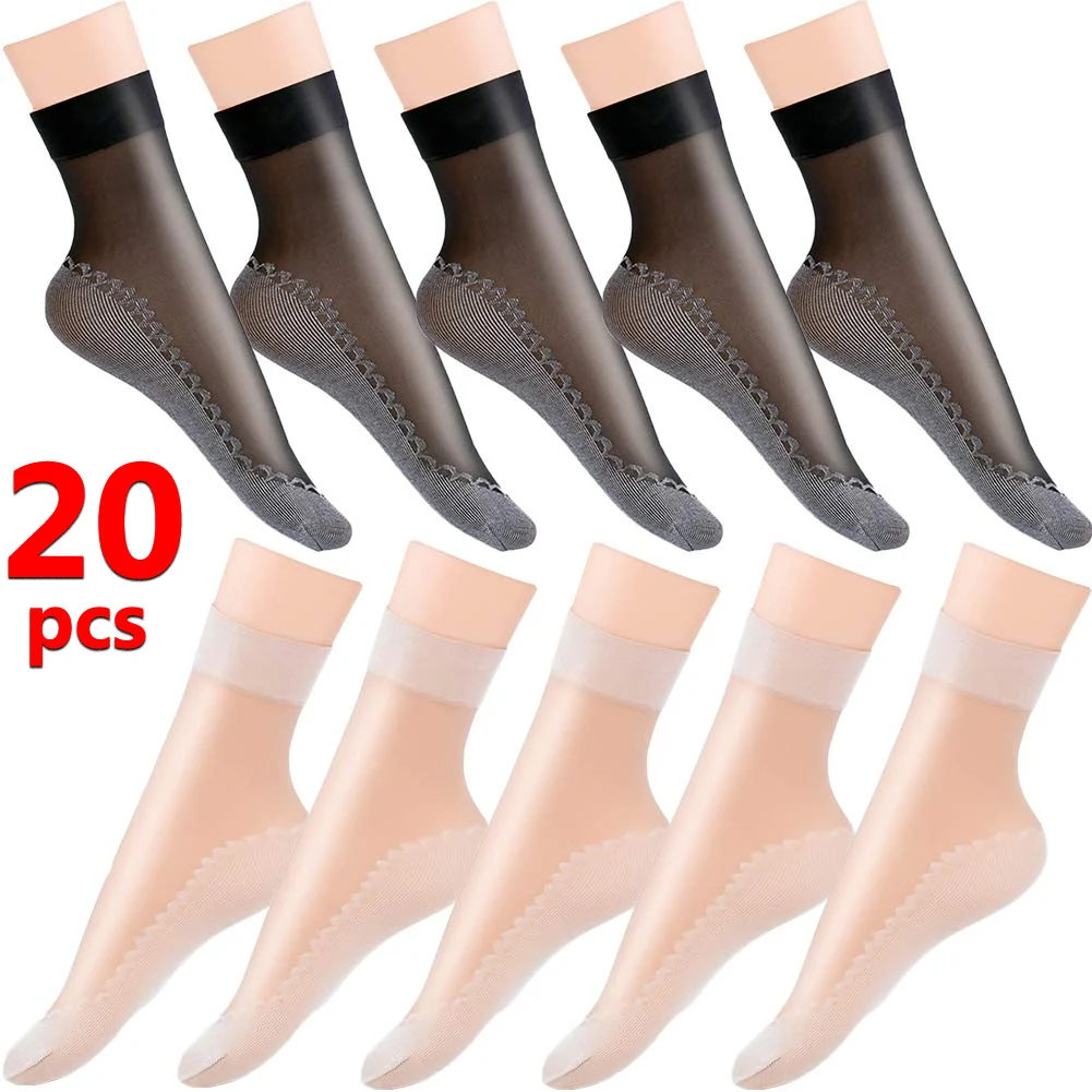 

20PCS Spring Summer Women Soft Socks Casual Non-Slip Bottom Splice Fashion Transparent Ladies Girls Breathable Thin Silk Sock
