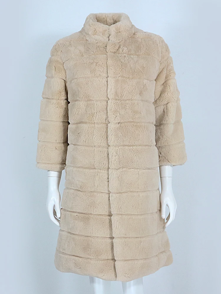 

OFTBUY 2023 Real Fur Coat Winter Jacket Women Natural Rex Rabbit Fur Stand Collar Three Quarter Sleeve Warm Streetwear Outerwear
