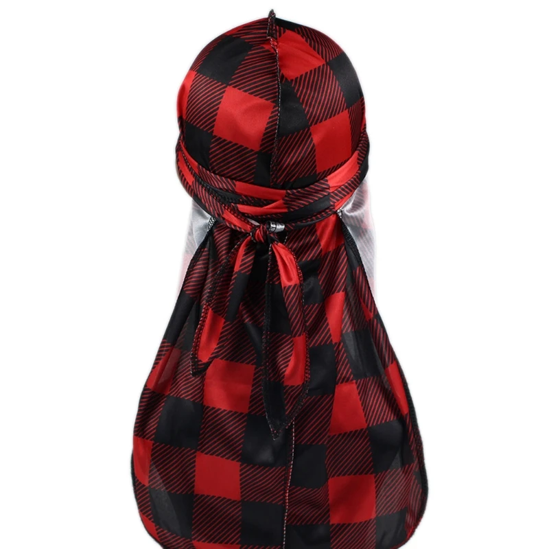 

Checkered Beanies Durags Satin Head Wrap Durag Long Tail Beanies Stretchable Muslim Headscarf for Men Women