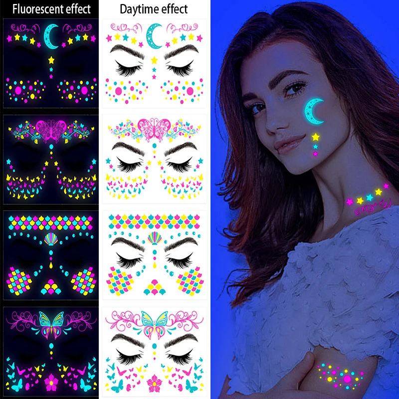 8 шт./компл. флуоресцентная татуировка с бабочкой для лица наклейка УФ-неоновые