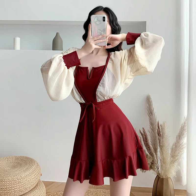 

Korean 2022 Women's Swimsuit Slip Dress Collect Waist 2 Pieces Swimwear Bathing Suit Summer Swimming Beach Wear Cover Up