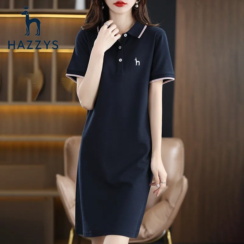 

100% CottonHazzys slim fitting short sleeve dress Navy blue medium length polo skirt spring summer new women's dress