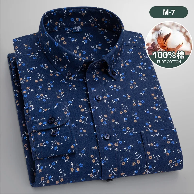 100% Pure Cotton Printed Casual Fashion Button Up Shirt Mens Long Sleeve Print Shirt Button Down Shirts for Men Korean Clothes