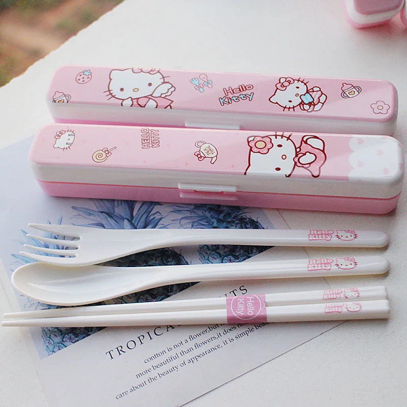 Sanrio Hello Kitty Travel Portable Cutlery Set Abs Resin Material Portable Fork Spoon Student Dinnerware Sets Kitchen Tableware