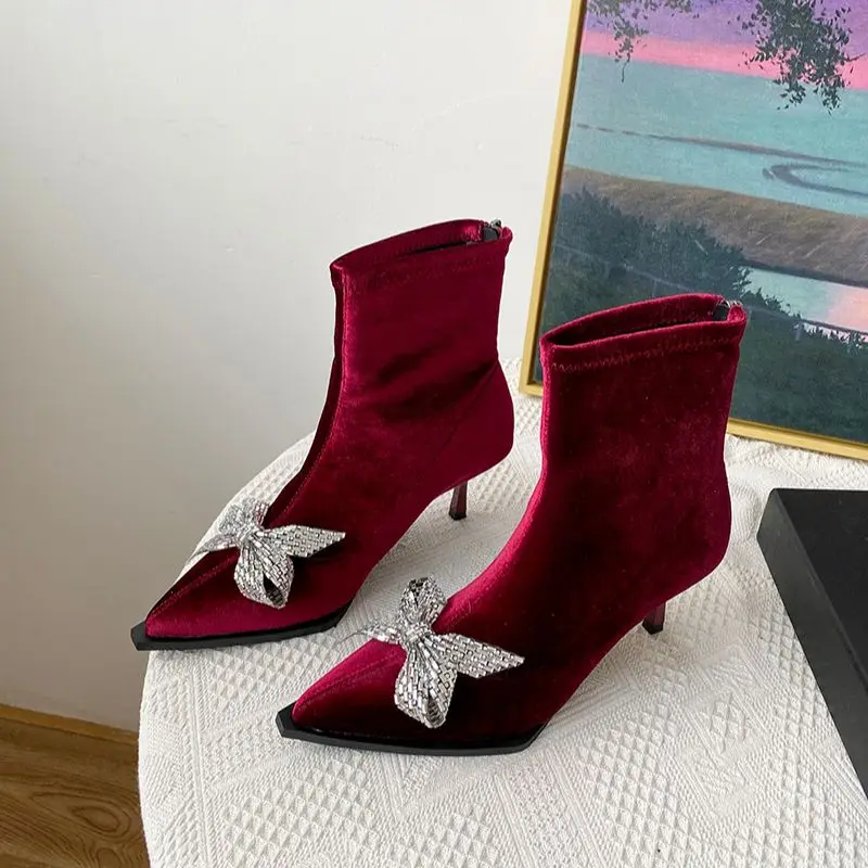 

Elegant Women Ankle Boots Pointed Toe Satin Sock Booties Thin High Heels Wine red/Brown/Black Back Zipper Stretch Shoes Winter