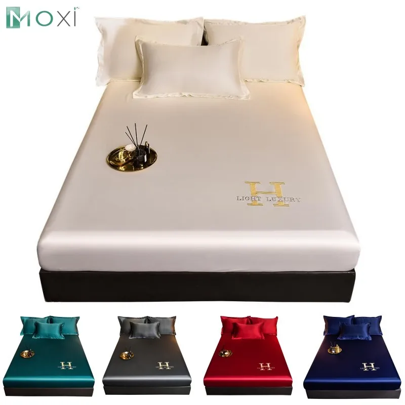 

New Rayon Bedsheet Satin Fitted Sheet High-End Solid Color Mattress Cover Elastic Band Ice Silk Bed Sheet Bedding Pillowcases