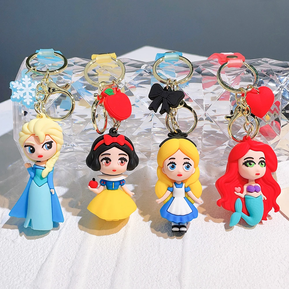 Disney Princess Keychain Cartoon Movie Frozen Beauty and the Beast Snow White Kawaii Doll Keyrings Car Pendant PVC Key Holder