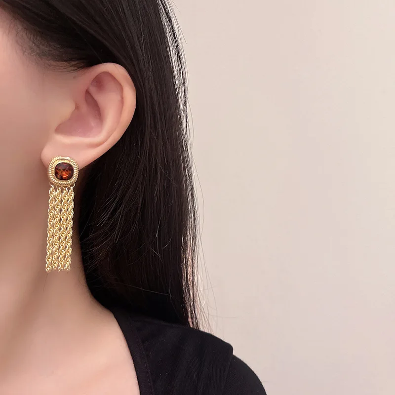 

French metal design earrings silver needle long temperament tassel ruby earrings women