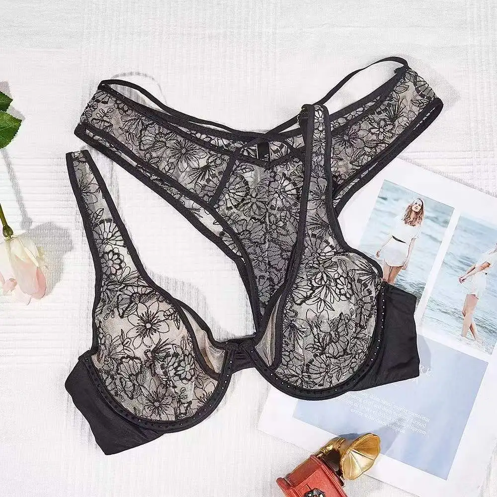 

8064 Sexy Womens black Lace Underwear Briefs set Transparent Lingerie Sexy Bras Panties Set Branding Sexy Letters Lingerie Set