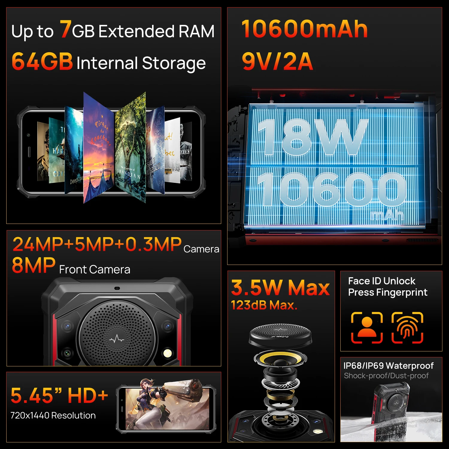 Фото Прочный смартфон FOSSiBOT F101, аккумулятор 10600 мАч, мобильный телефон 4 ГБ, 64 ГБ, камера 24 МП, HD-экран 5,45 дюйма, водонепроницаемый мобильный телефон IP68 №3