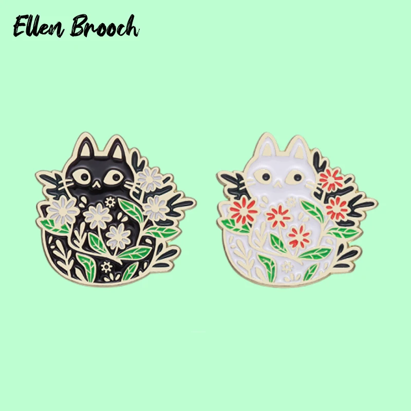 

Black White Cats Enamel Pins Floral Cats Brooch Lapel Kitty Badges Jewelry Gift for Friends Kids