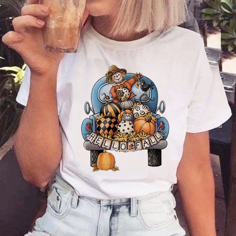 

Ladies Gift New Year Cartoon Pumpkin Car Print Short Sleeve Holiday Merry Christmas Ladies T Shirt Kawaii T Shirt Ladies Tops.