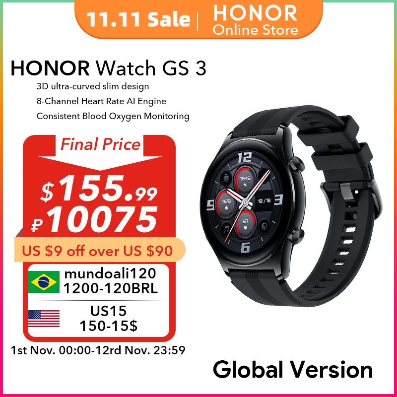 

Глобальная версия HONOR Watch GS 3 SmartWatch Монитор давления и сна Точные GPS Смарт-часы с быстрой зарядкой GS3