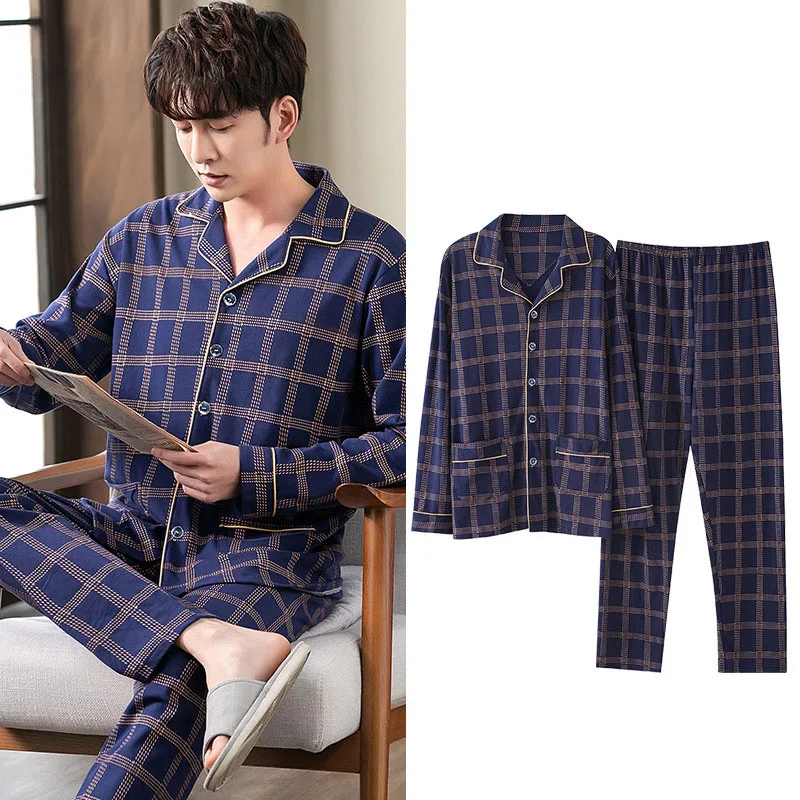 Men's Spring Winter Pajamas Sets Luxury Clothing Night Clothes Comfortable Concise Style Sleep Lounge Wear Room Plaid Pajamas