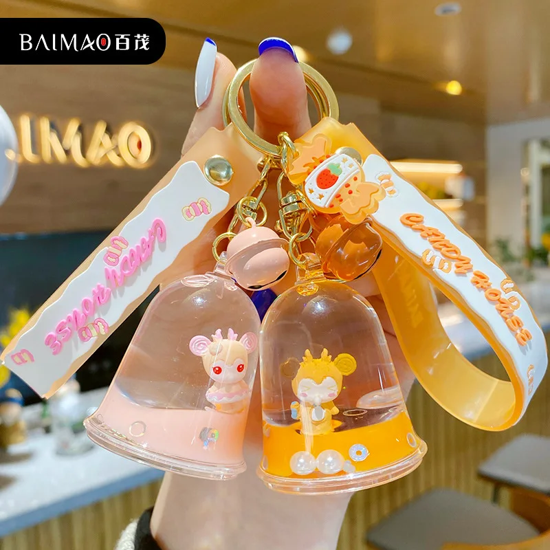 

Cartoon Into Oild Floating Peal Liquid Keychain for Girl Bag Pendant Cute Jelly Bottle Keyring Charm Anime Car Accessories Gift
