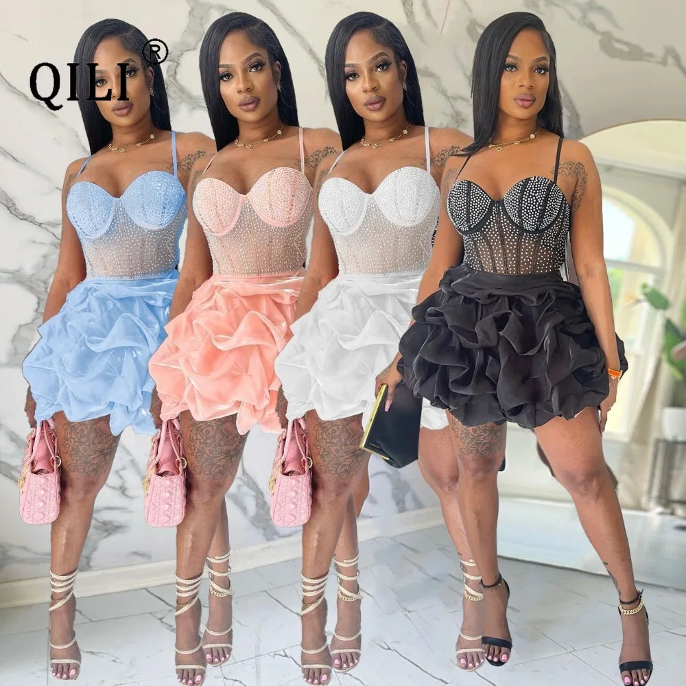 QILI-сексуальное платье на бретелях-спагетти облегающее яркий бриллиант стразы