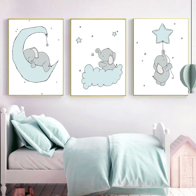 

Детский слон Луна Звезда облако настенная Картина на холсте синие скандинавские плакаты и принты Мультяшные настенные картины для декора детской комнаты