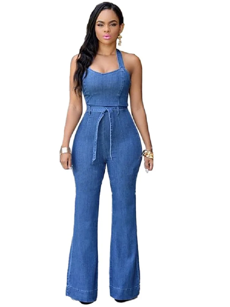 One Piece Denim Overalls Women Slim Belt Jumpsuit Casual Workwear Suspenders High Waist Streetwear Straight Office Lady Pants