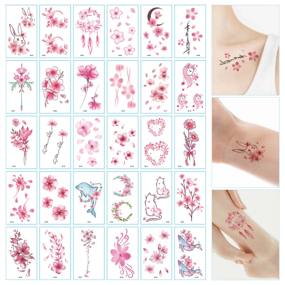 

30pcs Pink Disposable Tattoo Stickers Waterproof Temporary Tattoos For Women Arm Body, Sexy Tattoo Sticker Kit Summer Tattoo Set