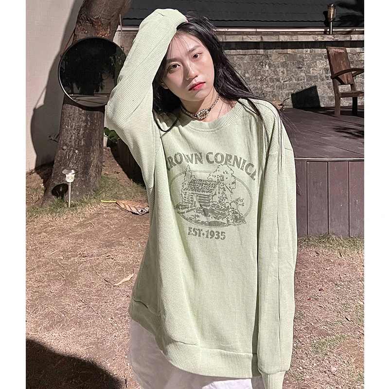 

Harajuku Green Sweatshirt Women Lazy Wind Crew Baggy Spring Autumn Simplicity Letter Printing Fashion Long Sleeves Pullover TOP