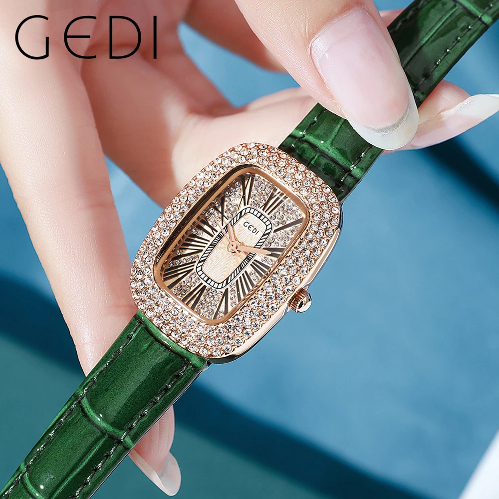 GEDI Waterproof Oval Full-diamond Women Watches Luxury Roman Dial Leather Strap Ladies Fashion Quartz Wristwatches Clock Relogio
