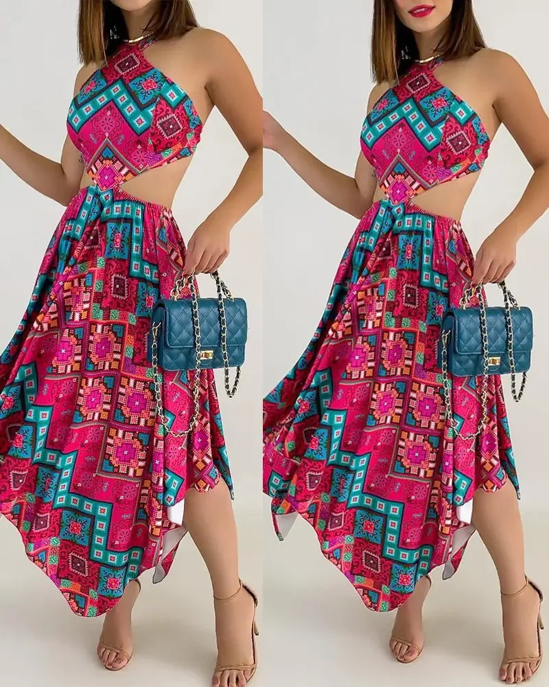 

Sexy Backless Asymmetrical Vintage Tribal Print Women Dresses Casual Midi Dresses Summer 2022 New Fashion Dresses