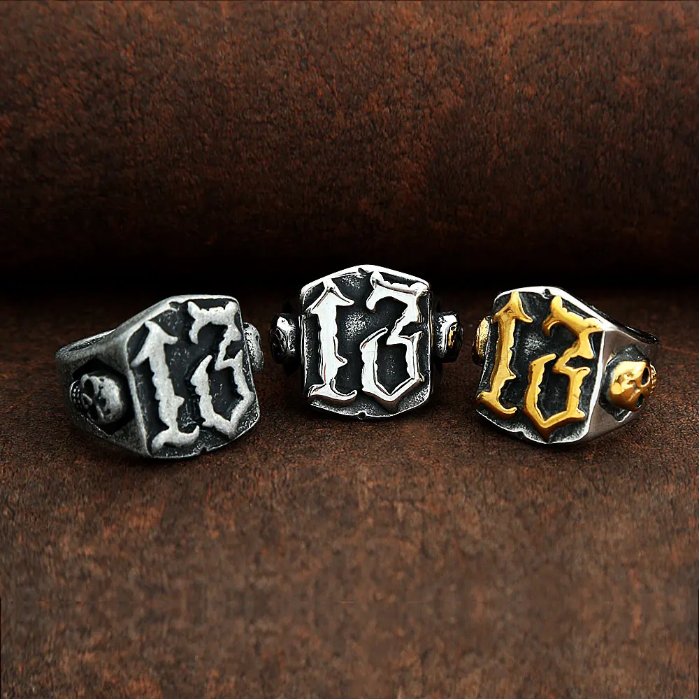 

Classic Punk Lucky Number Ring Fashion Gothic Skull 316L Stainless Steel Men Lucky 13 Rings Biker Amulet Jewelry Gift Wholesale