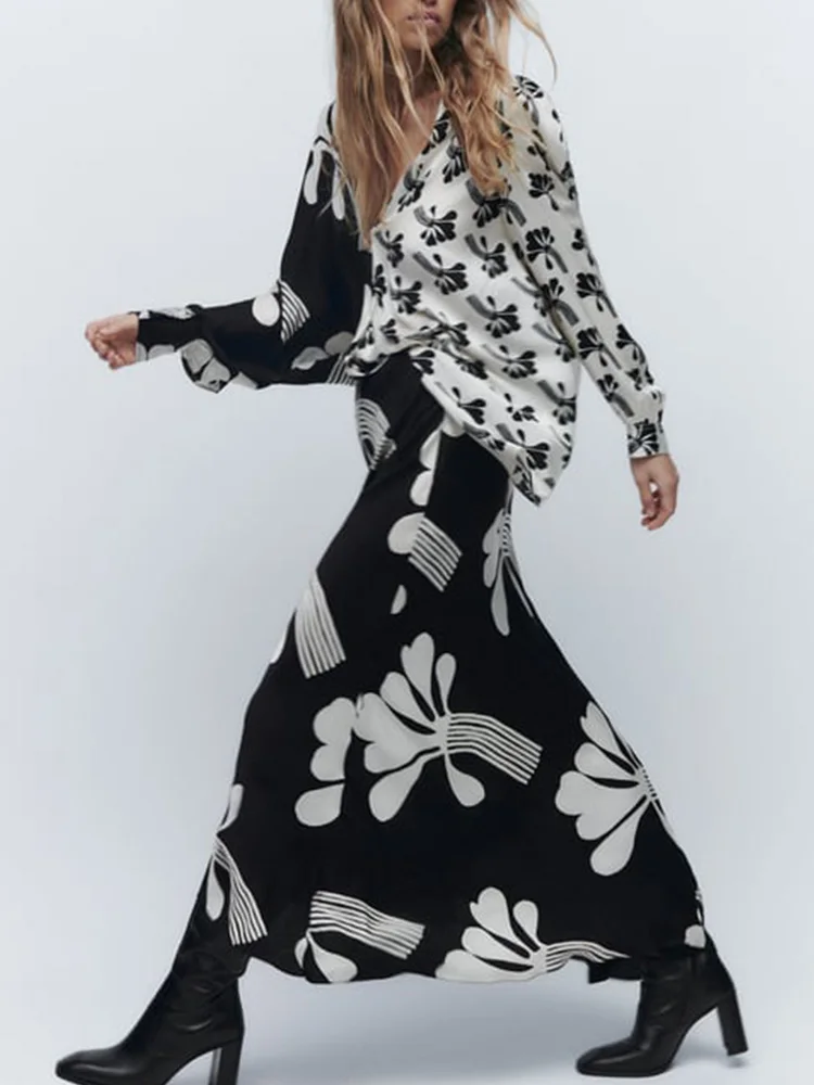 

TRAF New Spring Autumn Women Printed Mid-Calf Dresses 2022 Elegant Ladies V-Neck Dresses Long Sleeve Soft A-line Vestidos