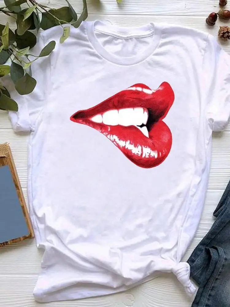

Summer Women Clothes Clothing Short Sleeve Graphic T-shirt Fashion Lip 90s Style Trend Cute Kawaii Basic Tee Top Print T Shirt