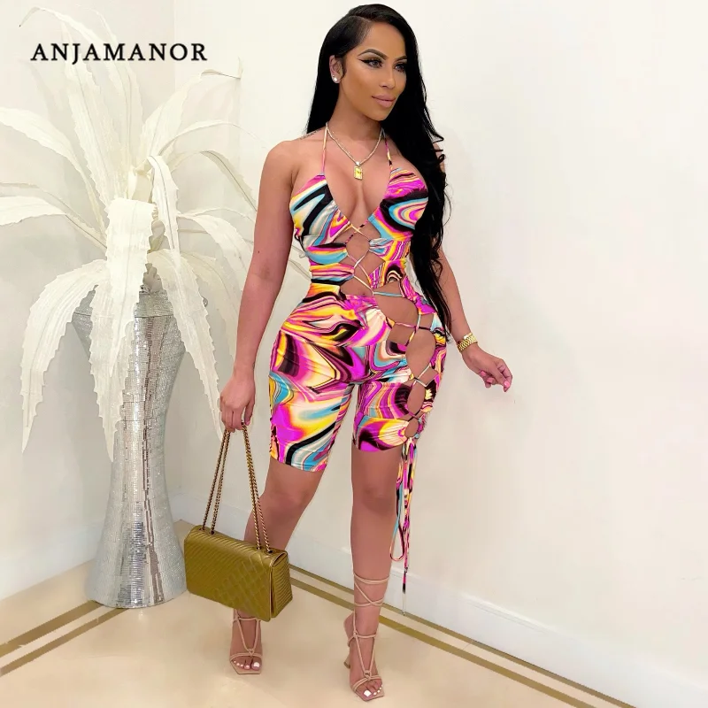 

ANJAMANOR Abstract Print Sexy Cut Out Halter Bodycon Rompers Playsuits Stretchy Jumpsuit Ladies Summer Outfits Clubwear D29-CC20