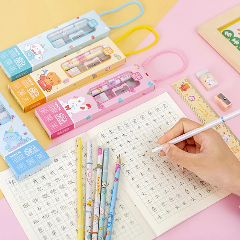 

Creative portable stationery set animal cartoon pencil cute ruler children pencil sharpener student eraser school supplies gifts