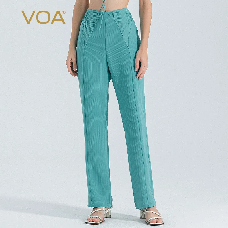 

(Fans Exclusive Discount) VOA Stripe Heavyweight Silk Splice Tucker Pleated Natural Waist Pocket Wide Leg Pants Women KE819