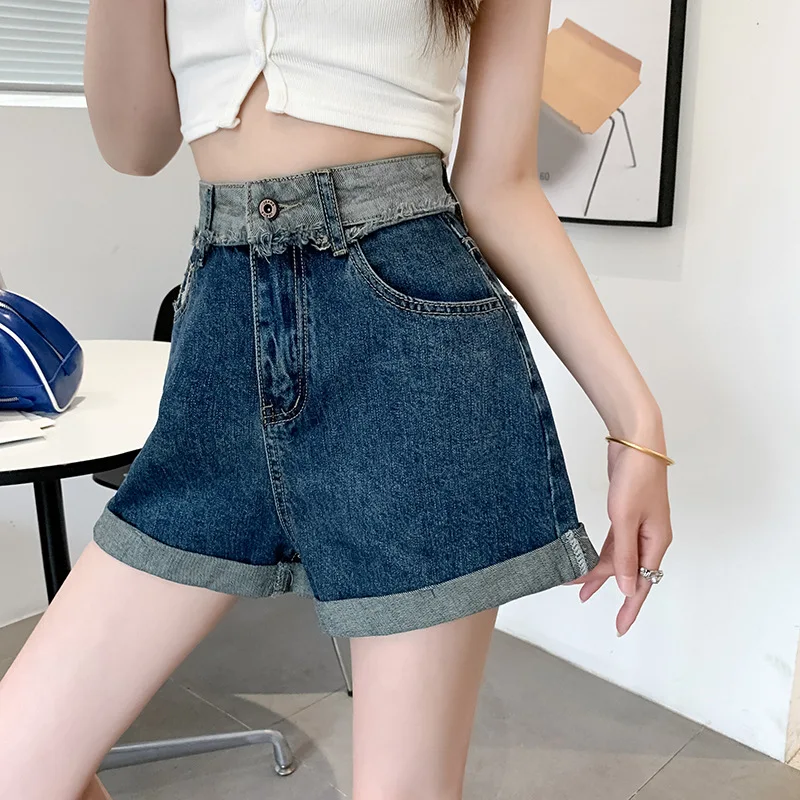 Retro Denim Shorts For Women Summer 2023 Fashionable Splicing Curled Edges With Pocket Hot Pants Ladies Casual Wide Leg Pants