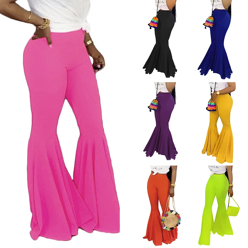 

Casual Retro Women Plain Solid High Waist Flare Wide Leg Chic Trousers Slim Long Loose OL Work Pants