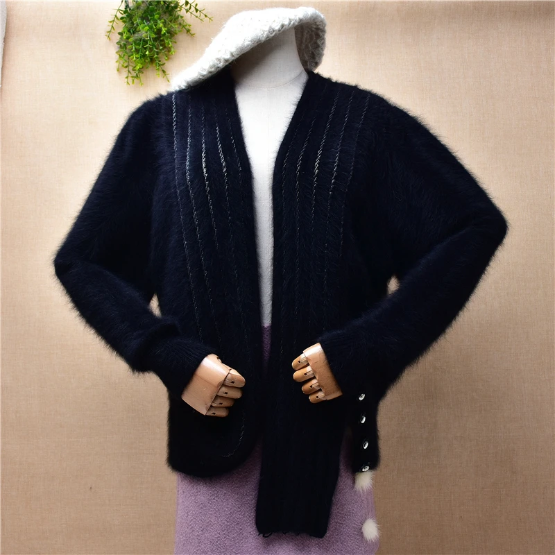 ladies women autumn winter clothing vintage beaded hairy angora rabbit fur irregular loose cardigan mantle jacket coat sweater