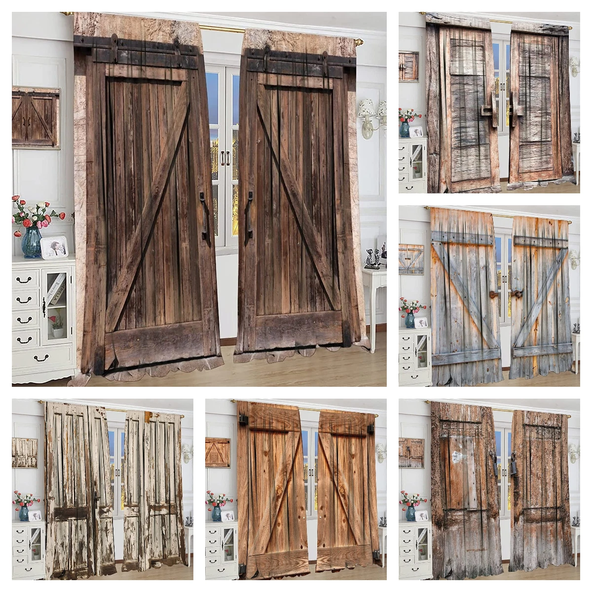 

Rustic Wooden Barn Door Blackout Window Curtains Vintage Wood American Western Curtain for Home Bedroom Living Room Decor