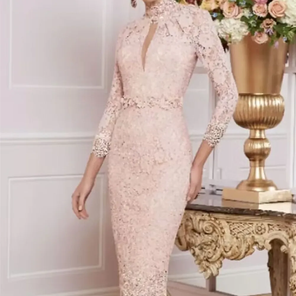 

2022 Pink Lace Mother Of The Bride Dresses Shealth Flowers Long Sleeve Robe Mere De Mariee Short Mother Groom Dresses Plus Size