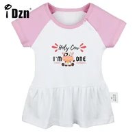 idzn summer new holy cow im one baby girls cute short sleeve dress infant funny pleated dress soft cotton dresses clothes