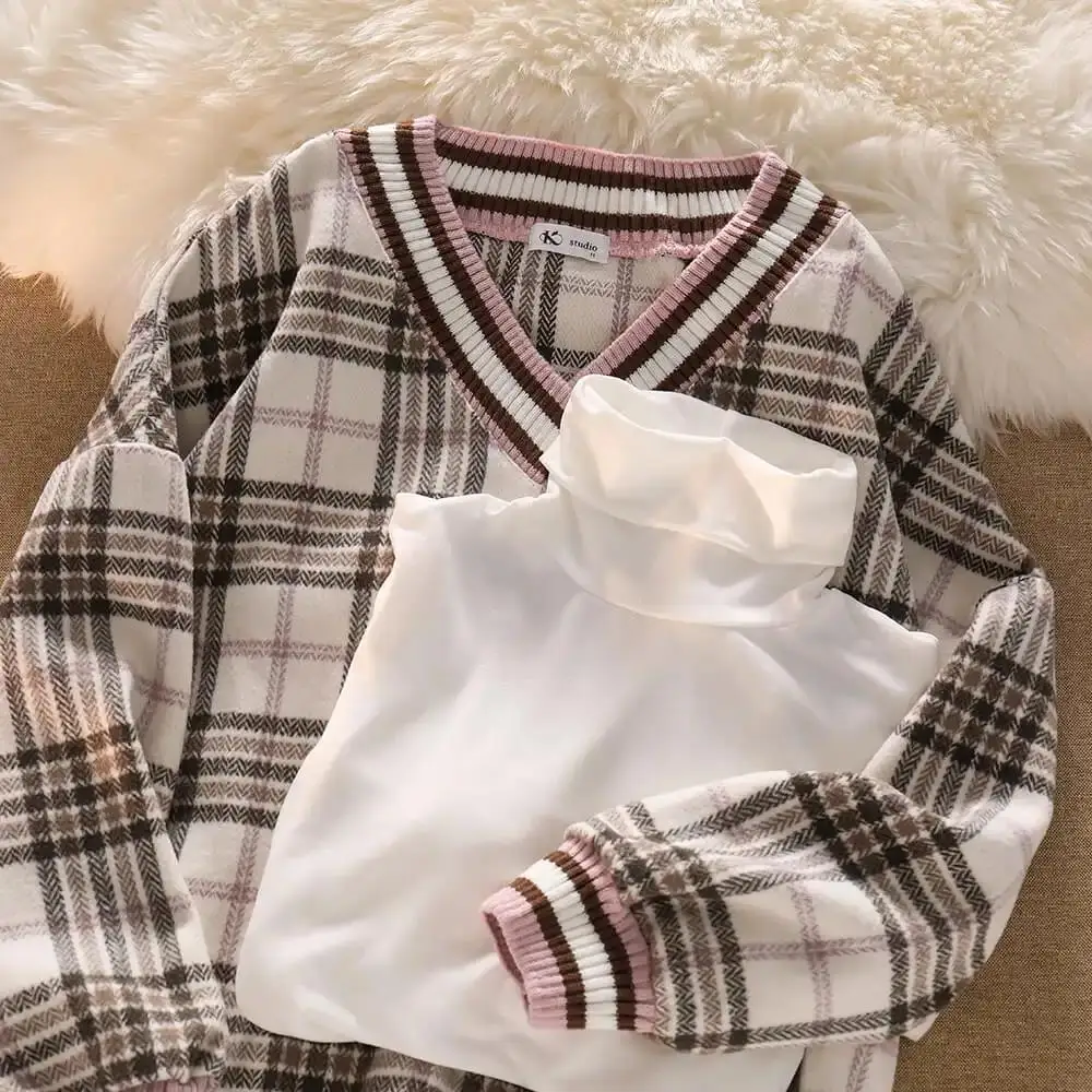 Женский свитшот в клетку стиле преппи осенне-зимний плотный трикотажный пуловер