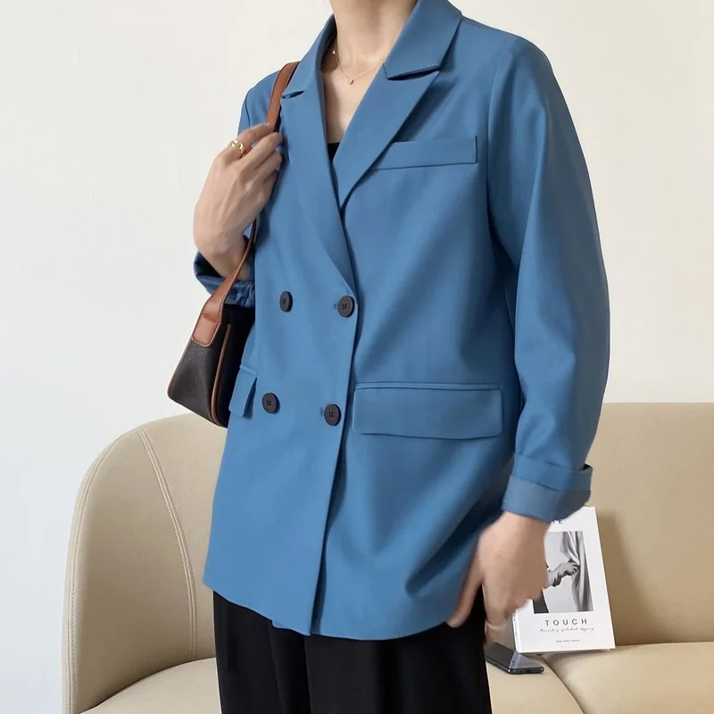 2023 Women Oversized Basic Black Suit Jacket Loose Long Sleeve Casual Blazer Top V-neck Double Breasted Caedigan Coat Clothes