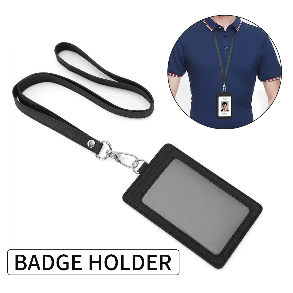 

Badge Holder PU Leather Neck Strap Office Anti Scratch 5 Card Slots ID Credit Bank Card Holder Students Bus Card Case Lanyard