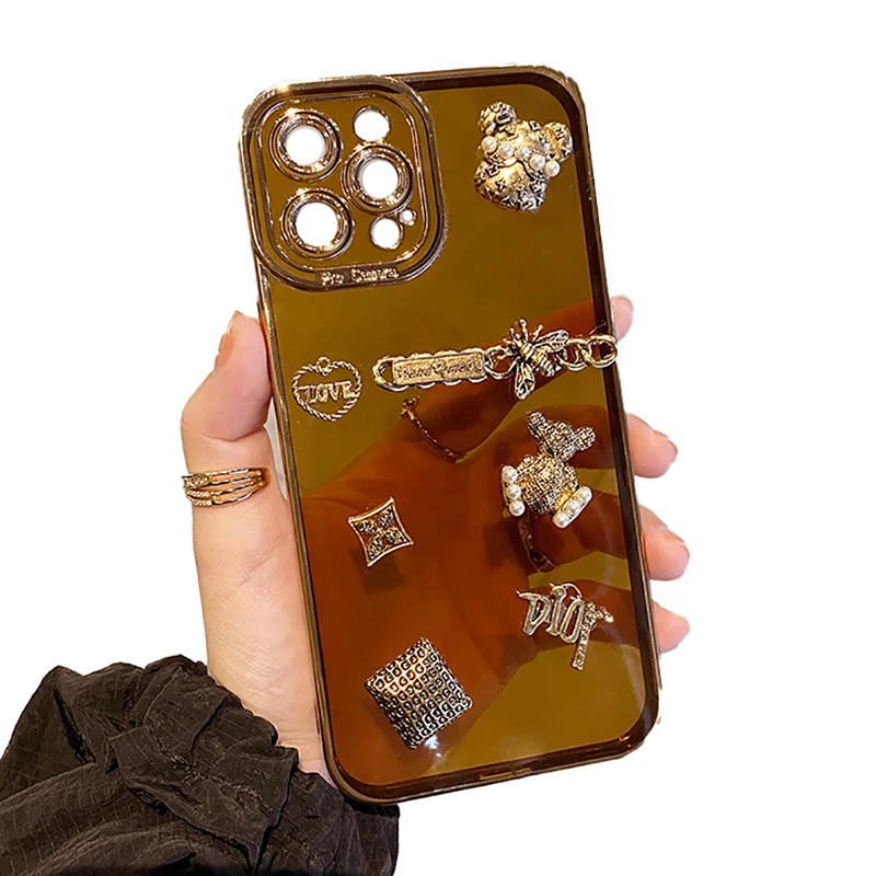 

Metal Accessories Diy Transparent Brown Phone Shockproof Case For Iphone 13 12 Mini 11 Pro Xs Max X Xr Se 2020 7 8 Plus Cover