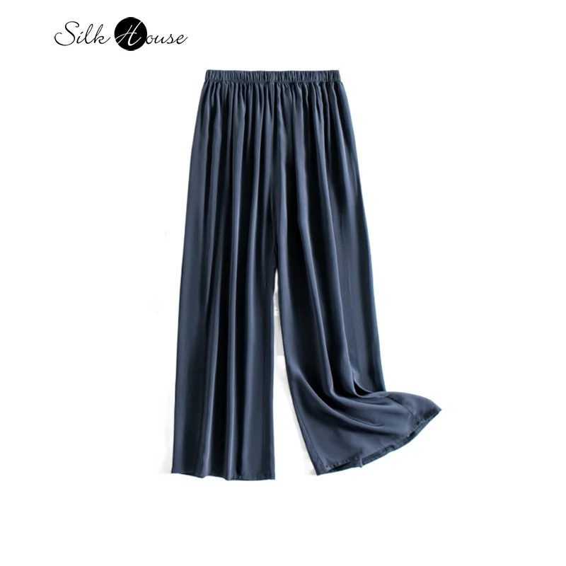 

26 Mm Heavy Crepe De Chine Wide Pine Mulberry Silk Navy Wide Leg Pants Versatile Casual Pants 2022 Fashionable Women's New Style
